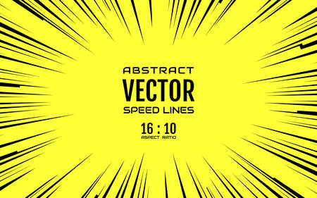 Black comic radial speed lines on yellow base in 16:10 ratio. Effect power explosion illustration. Comic book design element. Graphic explosion with speed lines in comic book style. Vectorのイラスト素材