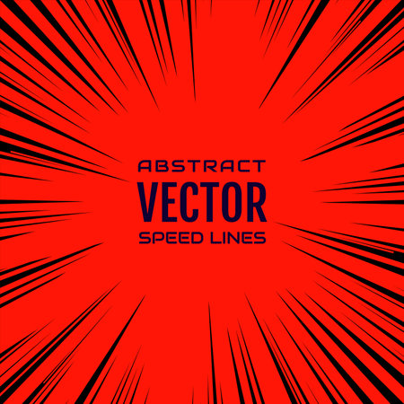 Many black comic radial speed Lines on red base. Effect power explosion illustration. Comic book design element. Graphic explosion with speed lines in comic book style.のイラスト素材