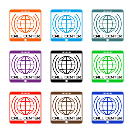 Set icon call center in flat style. colored Globe inside vertical mobile tablet, with sound waves. Icon smartphone isolated on white background. Vector illustrationのイラスト素材