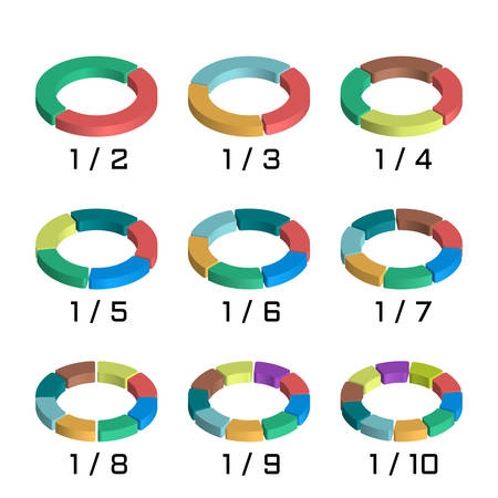Set of bulk isometric pie charts in ring form. Templates realistic three-dimensional pie charts. Business data, colorful elements for infographics. Vector illustrationのイラスト素材