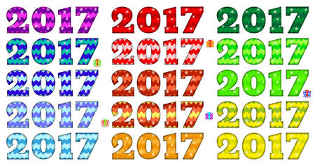 2017 bright inscriptions in related colors, zigzag pattern with glowing flare. Colorful design elements, colored templates of date new 2017. Red, green, blue, orange, yellow, violet. Vector illustrationのイラスト素材