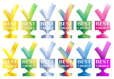 Set of Best Choice trophy rainbow colored gradient. Award for super goods or great product. Gold, green, blue. Vectorのイラスト素材