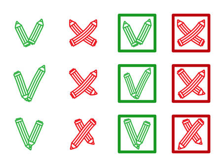 Mark X and V in form of pencils over check box, flat style. Green hooks, tick, red crosses. Yes No icons for websites, applications. Right Wrong signs isolated on white. Vector setのイラスト素材