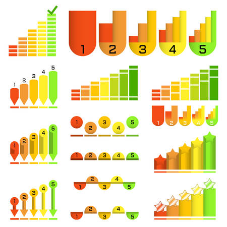 Set of histograms in different unusual style: arrow, pointer, column, ball. Graphic template. Colorful infographics elements. Vectorのイラスト素材