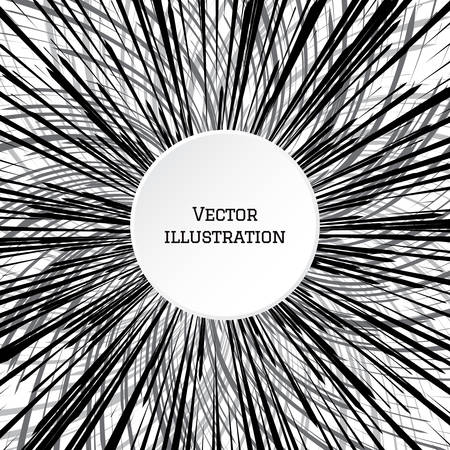 Speed line with black rays on white background. Abstract illustration with effect power explosion. Element of design, cover for book. White circle banner in center for your text. Vectorのイラスト素材