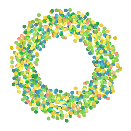 Round ring from multicolored confetti. Abstract colorful explosion of confetti, isolated on white background. Free space in center for text. Abstract background with many falling tiny confetti piecesのイラスト素材