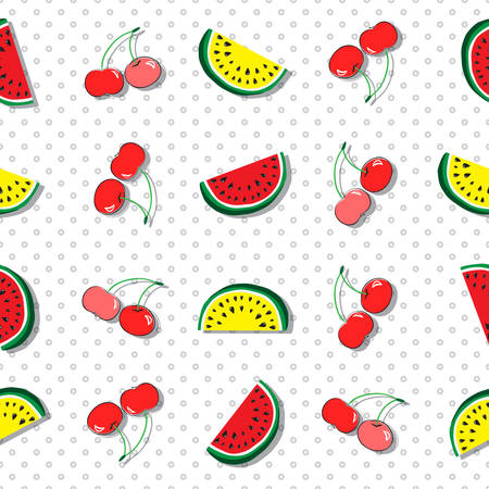 Seamless pattern of juicy slices of red and yellow watermelon and cherries. Concept of Hello Summer. Fruit abstract background, vector illustrationのイラスト素材