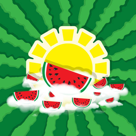Sun as circle banner for text and slices of watermelon on white clouds on green color background from rays, stripes, like texture of rind of watermelon. Hello Summer. Fruit abstract background, vectorのイラスト素材