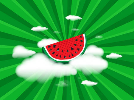 Juicy slice of watermelon on white clouds on background radial speed lines from rays, stripes green color. Concept of Hello Summer. Fruit abstract background, vector illustrationのイラスト素材