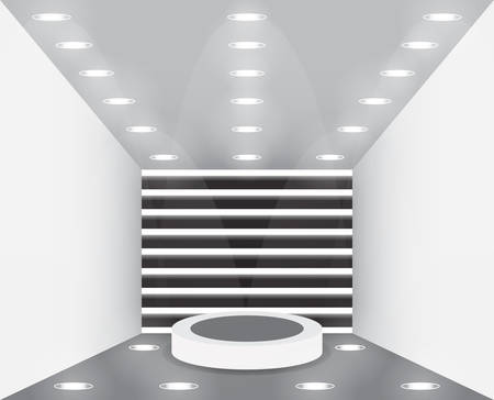Empty studio room. Exhibition presentation room with podium. Empty pedestal for award ceremony. Scene illumination. Cold light effect. Vector illustrationのイラスト素材