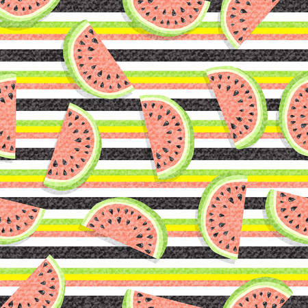 Watermelon abstract background. Pattern of juicy slices of watermelon and horizontal stripes. With texture of denim fabric, material.のイラスト素材