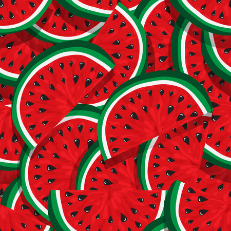 Seamless pattern of juicy slices of red watermelon. Watermelon abstract background. Concept of Hello...