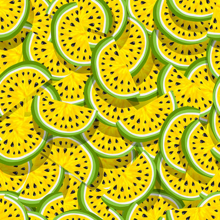 Seamless pattern of juicy slices of yellow watermelon. Watermelon abstract background. Concept of Hello Summer. Fruit vector illustrationのイラスト素材