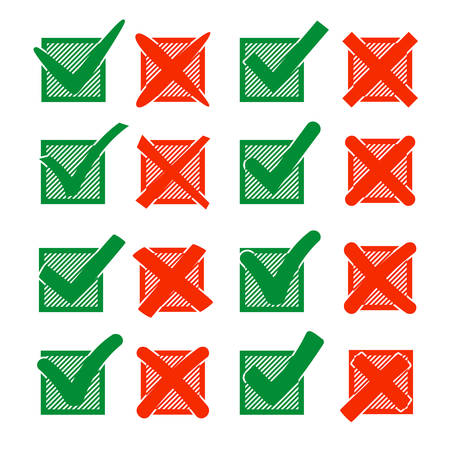 Red cross X and green hook V, in hatching check box. Yes No icons for highlight selection. Vector setのイラスト素材