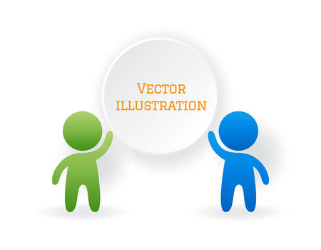 Two stylized figure of man with raised hands keep round banner free space for text isolated on white background. Design element template for presentations, annual report, dialogue, advertisingのイラスト素材