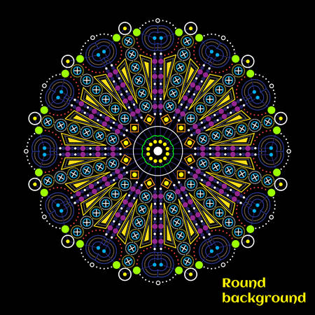 Abstract multicolored mandala made of geometric shapes on a black background.のイラスト素材