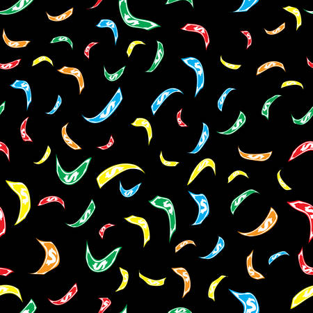 Seamless pattern of multicolored cartoon dollars on dark background. Bright toy dollars. Winning jackpot, wealth.のイラスト素材