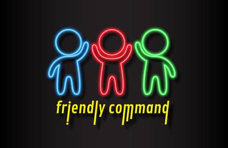 Friendly command logo. Stylized human figures with neon glow isolated on dark background. Holiday of friendship.のイラスト素材