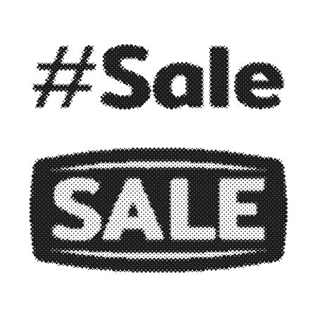 Hashtag Sale halftone label tag. Dotted grunge stamp from ink splashes. Textured design element for sale.のイラスト素材