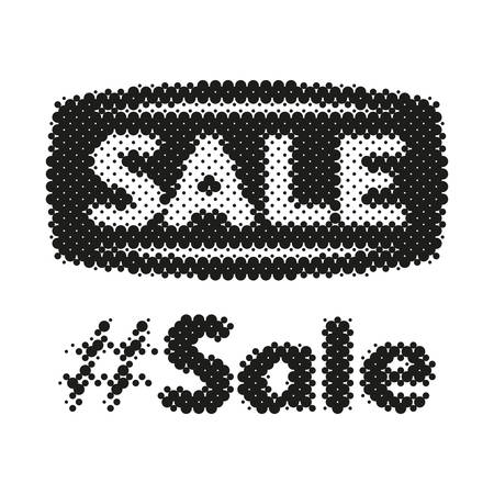 Hashtag Sale halftone label tag. Dotted grunge stamp from ink splashes. Textured design element for sale. Vectorのイラスト素材