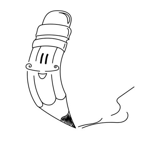 Cute smiling wooden pencil hastens to help. Sketch for stationery theme. Vector illustrationの写真素材