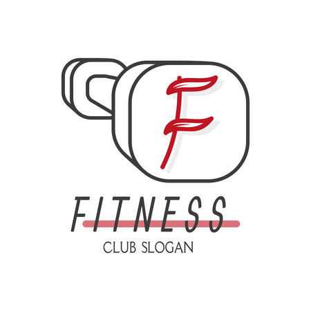 Icon of sports dumbbell with red symbol F. Emblem for fitness. Vectorのイラスト素材