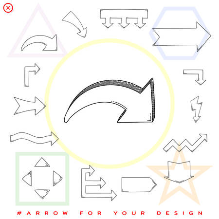 Arrow pointer down isolated on white. Black outline sketch. Vector illustrationのイラスト素材