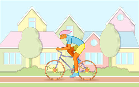 Man the cyclist goes by bicycle on city street. Summer vacations, hobbies, pastime. Vector illustration.のイラスト素材