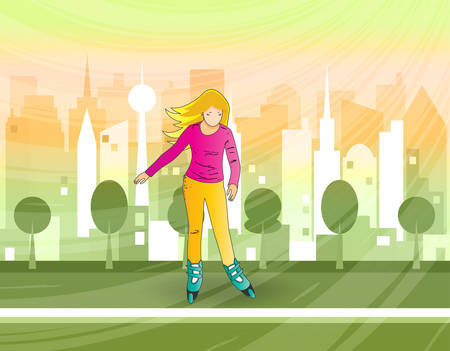 Young girl rides roller skates in park. In the background, silhouette of city in sunshine. Summer vacations, hobbies, pastime. Vector illustrationのイラスト素材