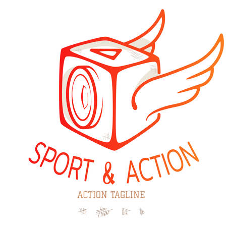Cube action camera with wings. Colour emblem for logo of video blog or sport action. Vector illustrationのイラスト素材