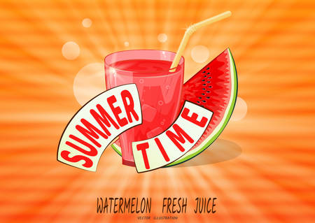 Glass with red juice and watermelon in rays, on orange background, and horizontal streaks-spots, like interference on old TV. Summer Time. Vector illustrationのイラスト素材