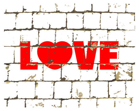 Word Love printed on brick wall. Textured stylized inscription for your design. Vector illustrationのイラスト素材