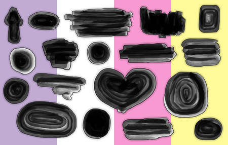 Grunge brush strokes. Text banners, speech bubbles for your message. Set of stains isolated on background. Hand drawn scribble. Dirty artistic design elementsのイラスト素材