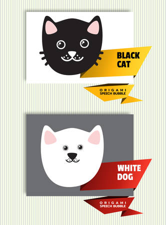 Black cat and white dog, origami speech bubble. Origami dialogue banner for your message. Special offer. Discount tag, badge, emblem. Web stickers. Price tag template for catalog with space for textのイラスト素材