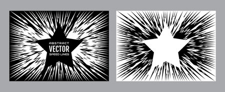 Speed lines background. Effect motion lines for comic book and manga. Radial rays from center of frame with effect explosion. Template for design. Black and white vector illustrationのイラスト素材