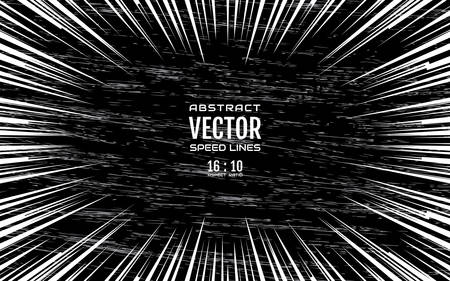 Speed lines on dirty, grunge background with space for text. Effect motion lines for comic book and manga. Radial rays from center of frame with effect explosion. Template for design. Vector illustrationのイラスト素材