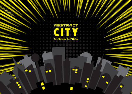 Night city and speed lines background. Effect motion lines for comic book and manga. Radial rays from center of frame with effect explosion. Template for design. Vector illustrationのイラスト素材