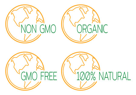 Set of natural organic food icons with globe outline. Information template for product labels and packing. Vector illustrationのイラスト素材