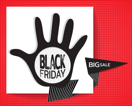Big sale. Black Friday banner. Human hand to attract attention when conducting large sales of goods. Bright poster, template for designers. Vector illustrationのイラスト素材