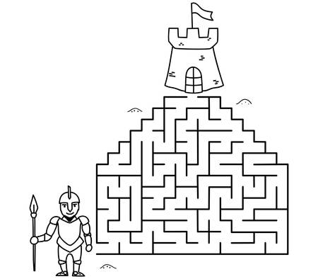 Black coloring pages with maze. Cartoon knight and castle. Kids education art game. Template design on white background. Outline vector illustrationのイラスト素材