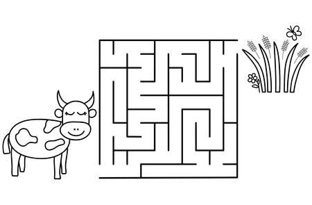 Black coloring pages with maze. Cartoon cow and grass. Kids education art game. Template design with pet on white background. Outline vector illustrationのイラスト素材