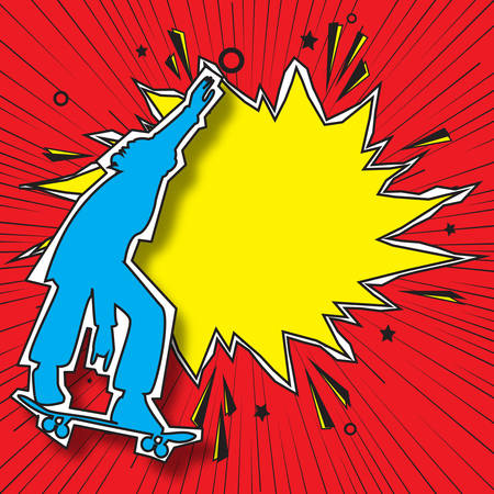 Silhouette of young guy skateboarder and hand drawn retro empty comic speech bubble. Boom pop art explosion. Template for your design. Summer fun for teens. Party invitation for friendsのイラスト素材