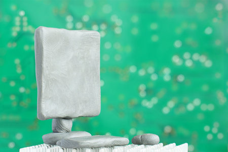 Computer monitor from plasticine on green background. Selective focus on screen. PC presentation....