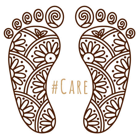 Footprint with floral mehndi ornament. Sketch of legs, skin care theme, pedicure or procedures. Illustration beauty and health. Vectorのイラスト素材