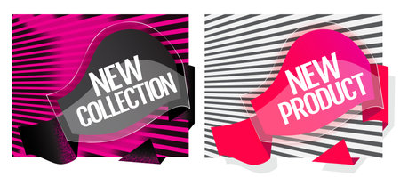 New Product. New Collection. Creative design sticker for print or web, media, promotional material, web app banner, for web sites and social networks. Advertising sales banner templateのイラスト素材