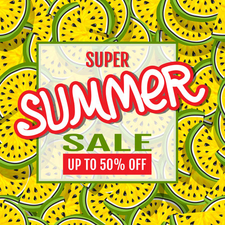 Super Summer Sale. Sales Banner. Watermelon abstract background. Template for design of advertising, flyers, brochures, websites. Use for printing on paper, textiles, posters, bannersのイラスト素材