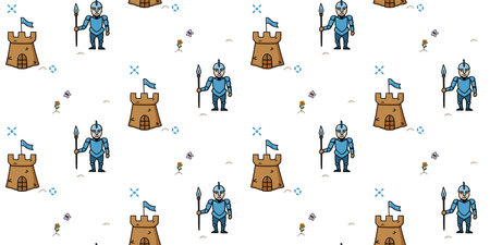 Cute knight and castle seamless pattern. Creative kids texture with funny animals for apparel, textile, fabric, wrapping, wallpaper. Vectorのイラスト素材