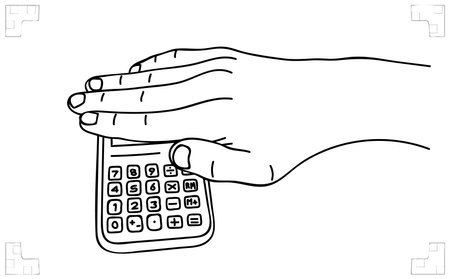 Hand closes the calculator screen. Black accounting. Tax evasion. Shock. Problem. Finance crisis. Secret. Sketch, vectorのイラスト素材