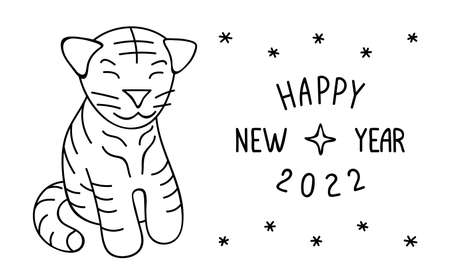 Cute hand drawn Tiger and inscription Happy New Year 2022. Linear drawing. Design Template for Christmas card, banner, poster, holiday decoration. Vector illustrationのイラスト素材