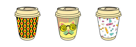 Paper coffee cups collection decorated in bright, daring, crazy design. Hot drinks take away concept. Coffee to go graphics template. Design element for coffee house, on food delivery sitesのイラスト素材